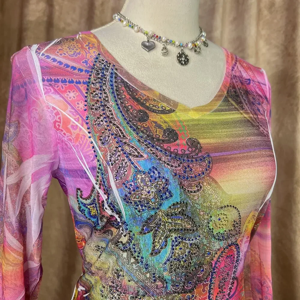Vintage Y2K Boho Top Rhinestone Mesh Paisley Floral 3/4 Sleeve Ruffled Rainbow - Picture 4 of 10